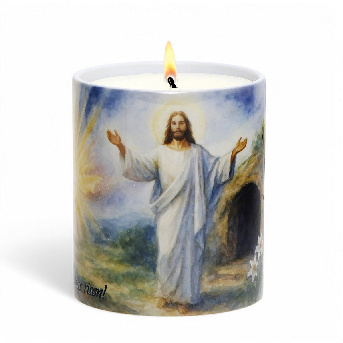 SUBLIMART: "He Has Risen!" Easter Candle - Porcelain Soy Wax Candle with Scripture Citations in English and Spanish.