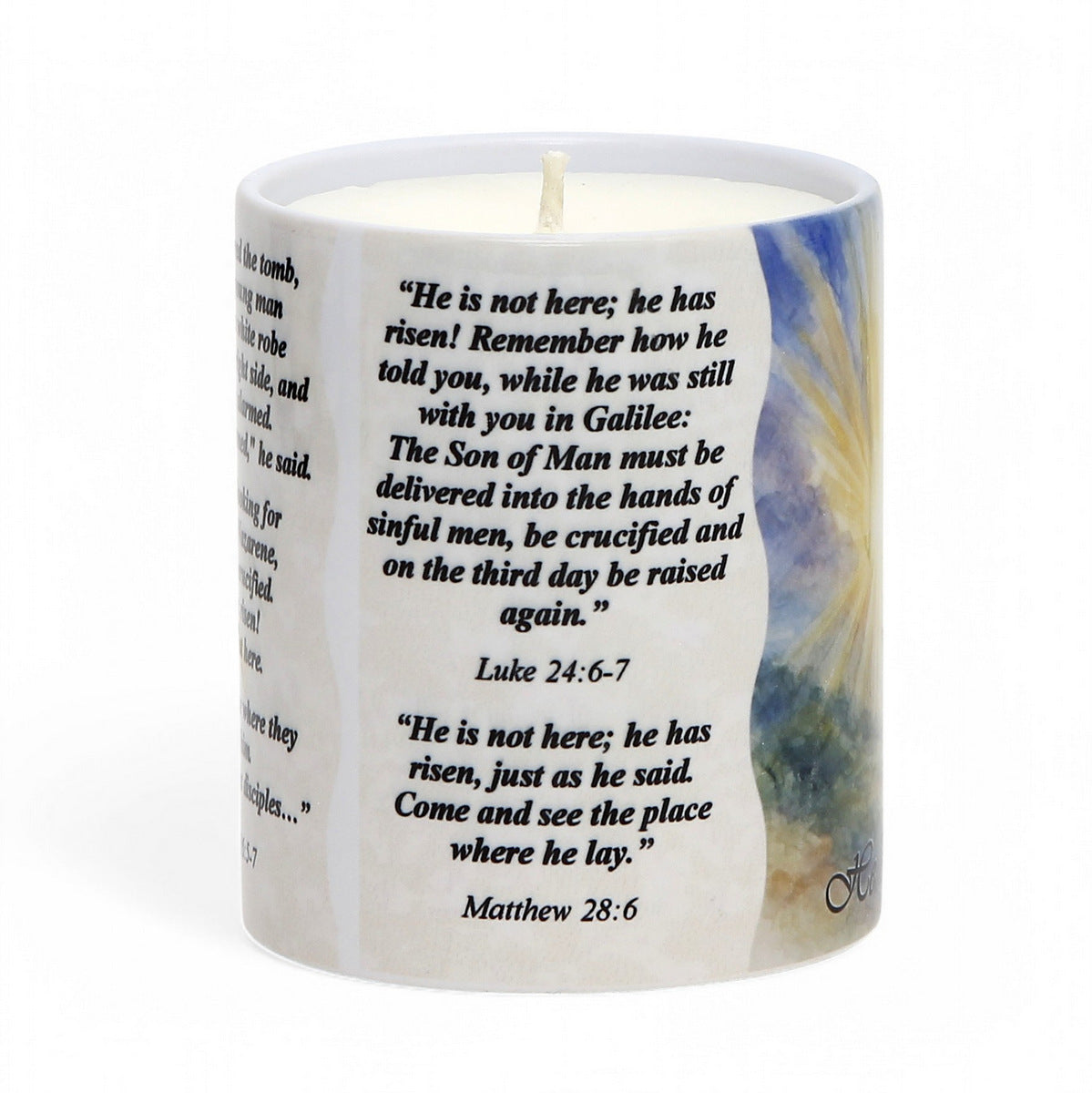 SUBLIMART: "He Has Risen!" Easter Candle - Porcelain Soy Wax Candle with Scripture Citations in English and Spanish.