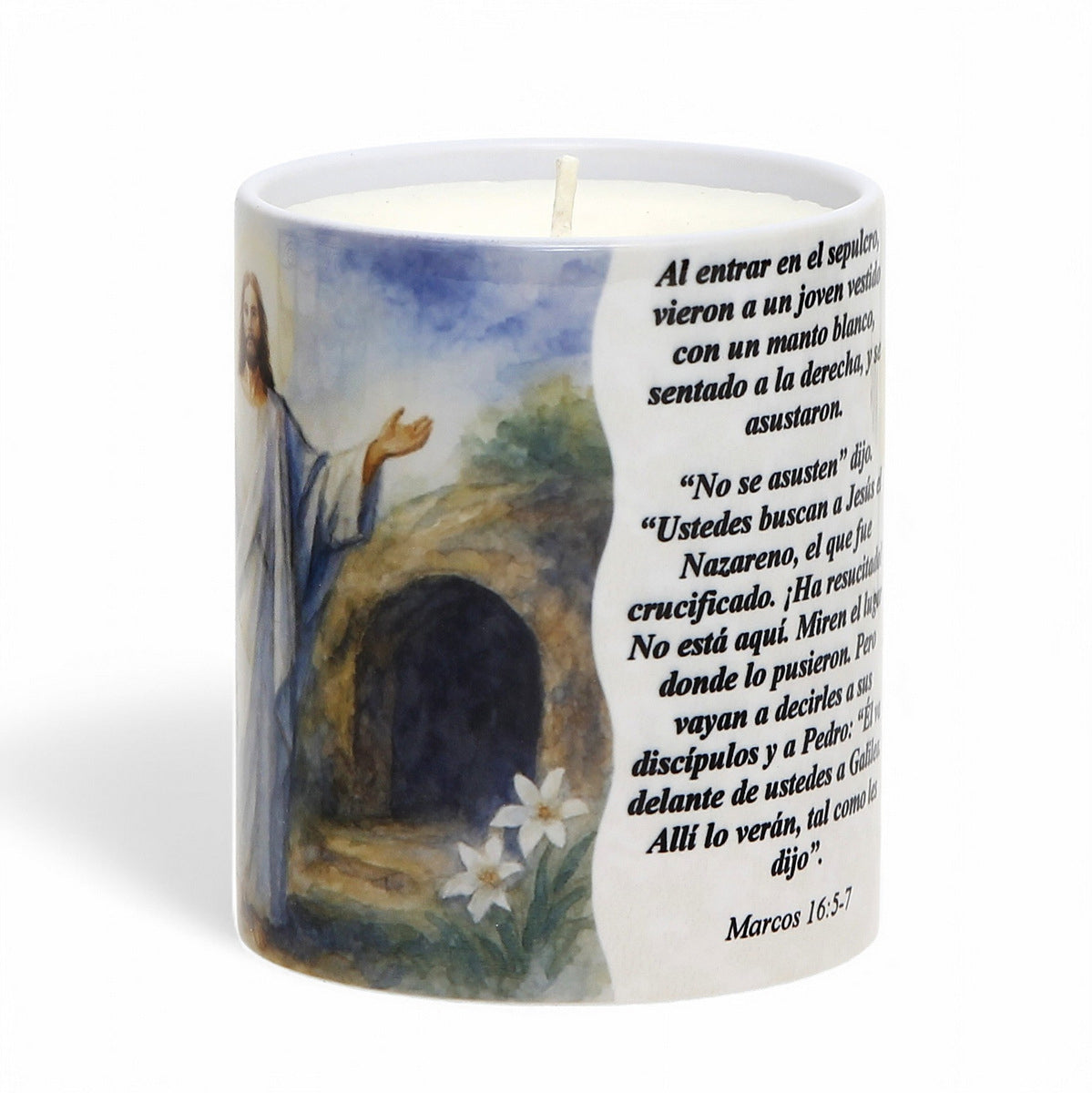 SUBLIMART: "He Has Risen!" Easter Candle - Porcelain Soy Wax Candle with Scripture Citations in English and Spanish.