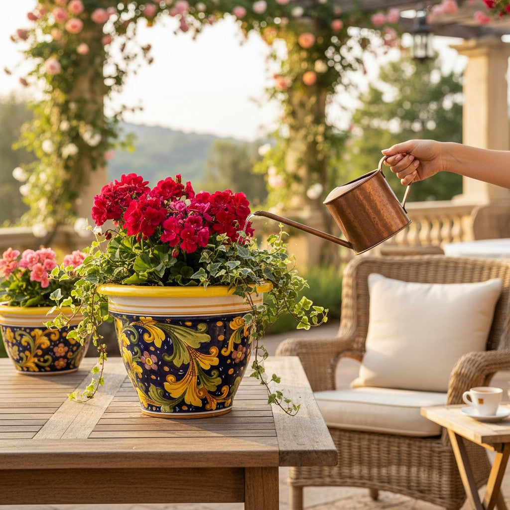 TOSCANA PLANTER: Round Tuscan planter/vase 'Campana' - Strong Terracotta indoor/outdoor - SICILIANA BLUE Design (14"Ø)