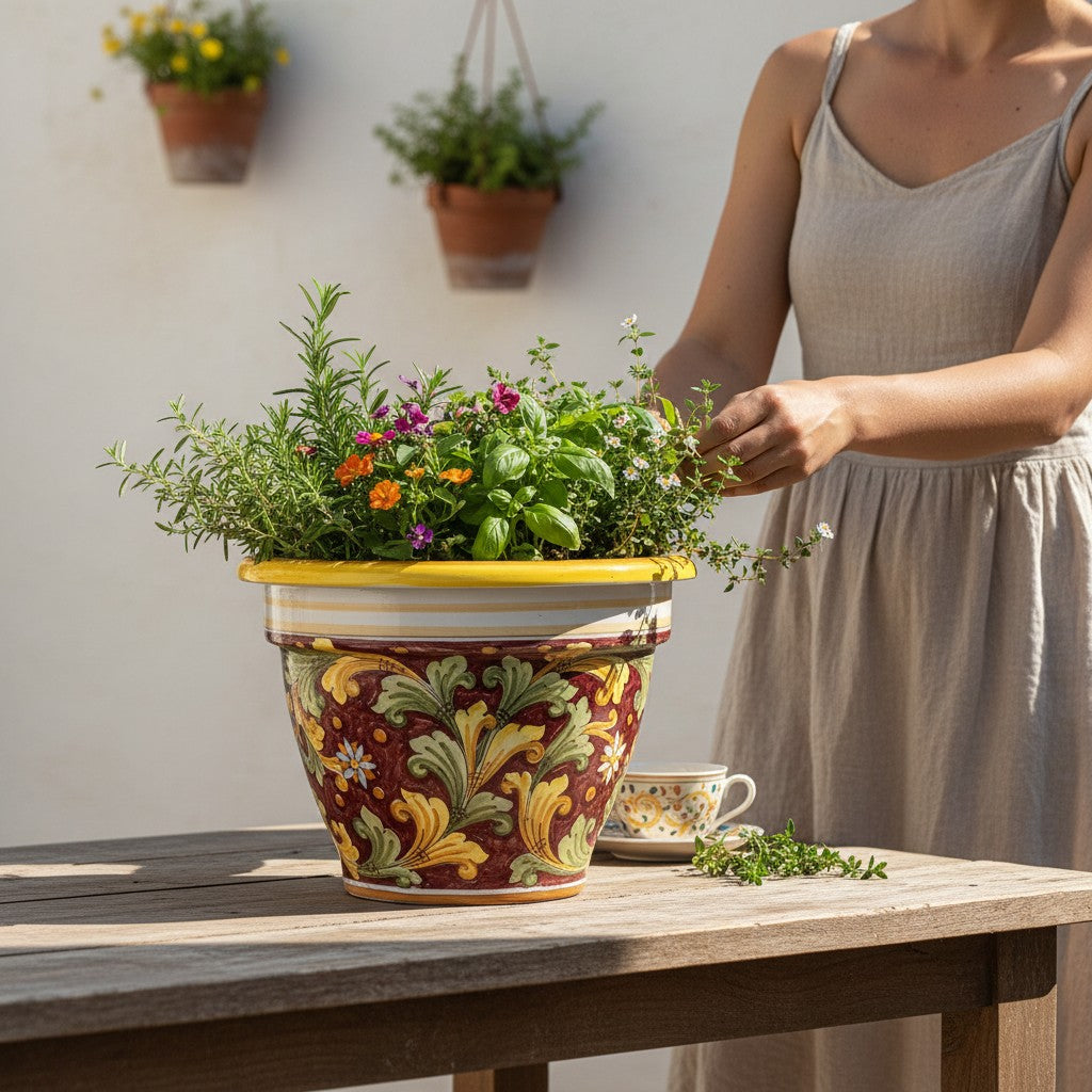 TOSCANA PLANTER: Round Tuscan planter/vase 'Campana' - Strong Terracotta indoor/outdoor - SICILIANA RED Design (14"Ø)