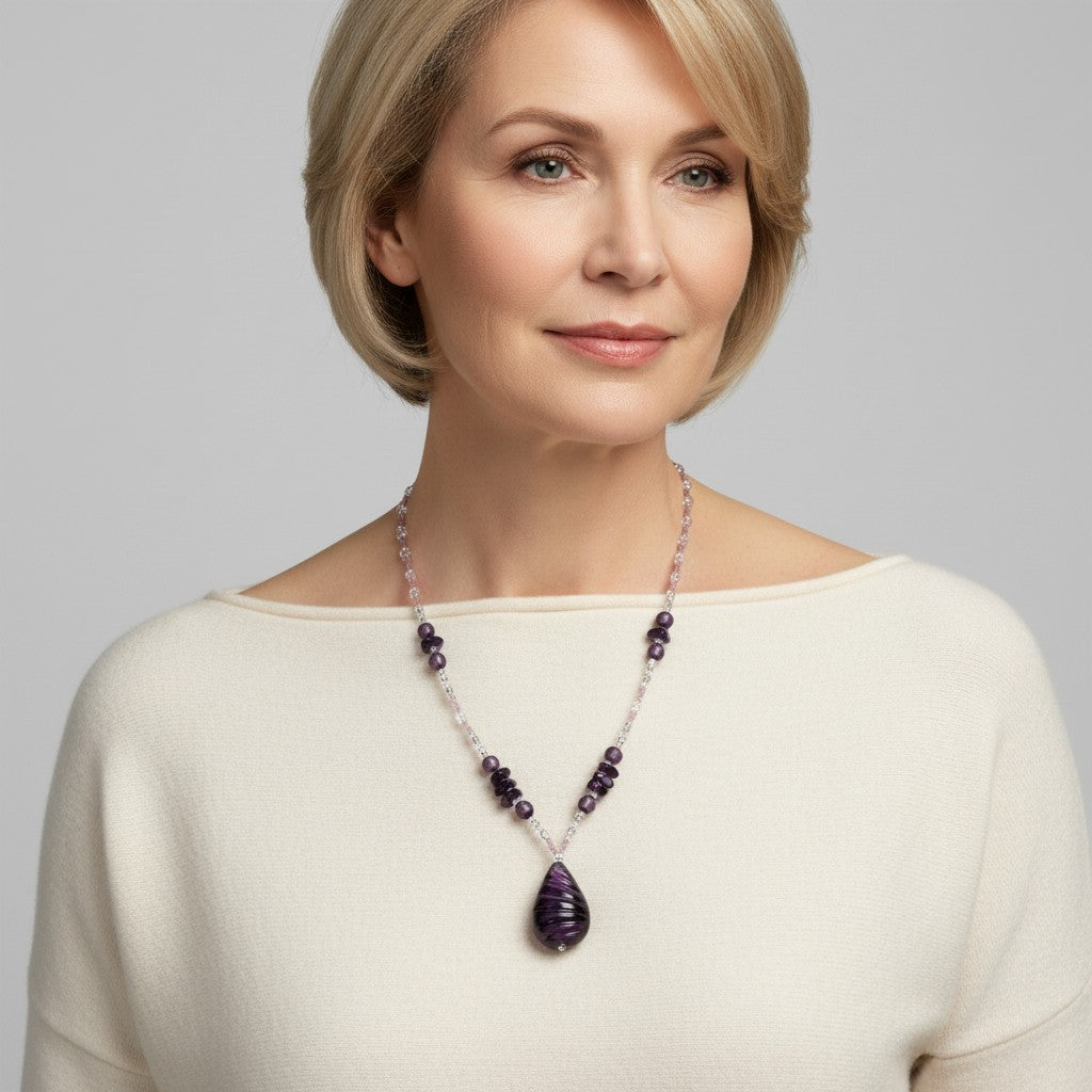 MURANO CORTE MURRINA: Authentic Murano Hand-Made Glass Necklace - MAYA Design VIOLET-PURPLE