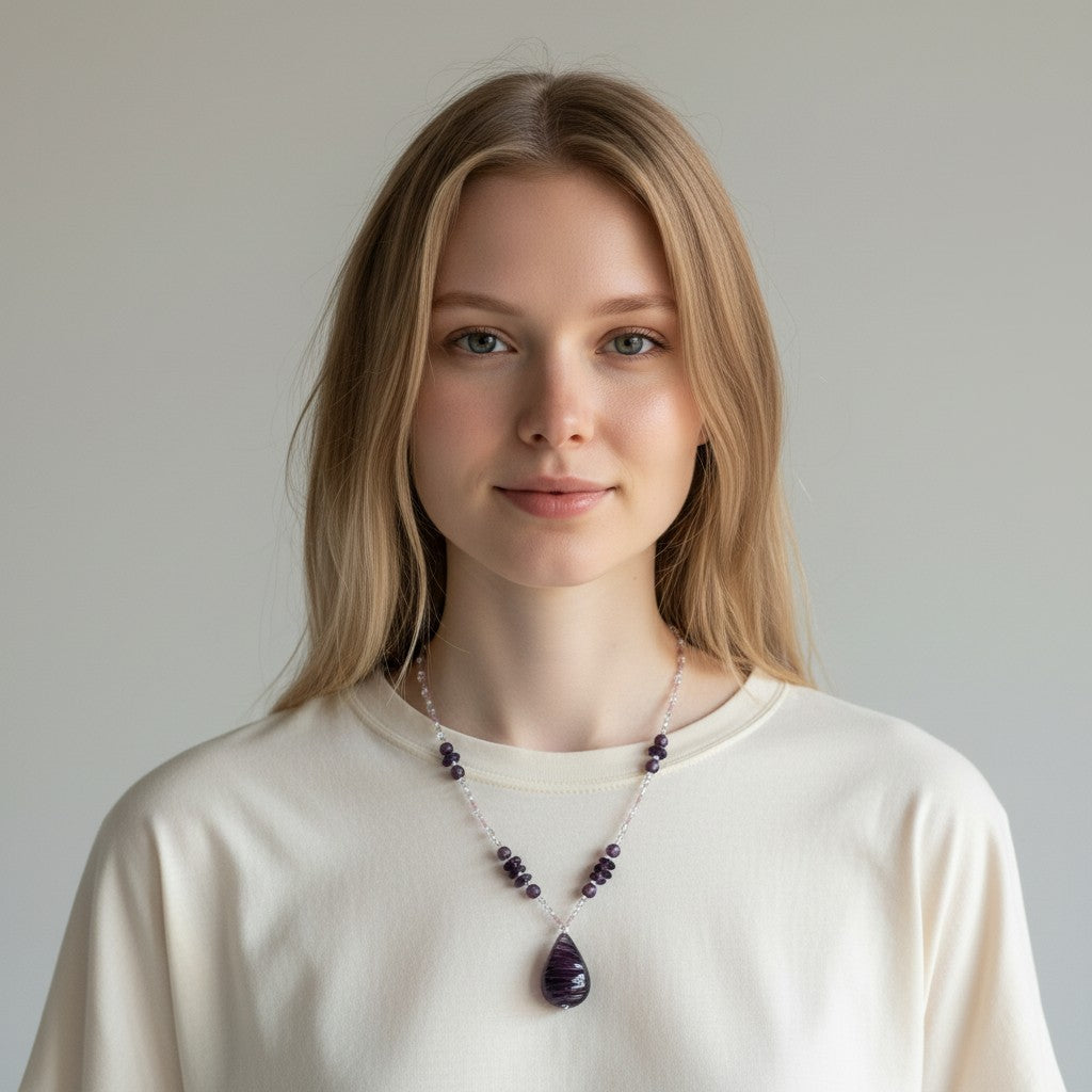 MURANO CORTE MURRINA: Authentic Murano Hand-Made Glass Necklace - MAYA Design VIOLET-PURPLE
