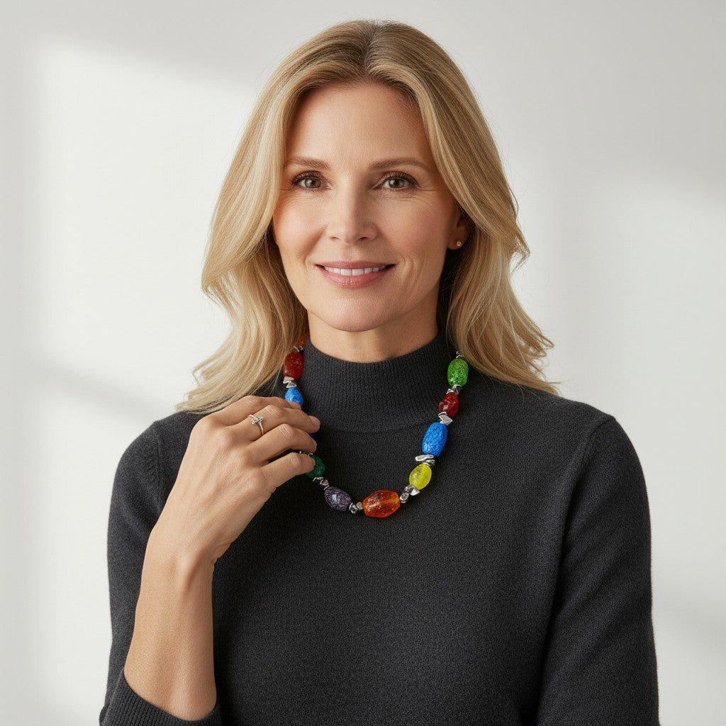MURANO CORTE MURRINA: Authentic Murano Hand-Made Glass Necklace - Rainbow Design ASSORTED MULTI-COLOR