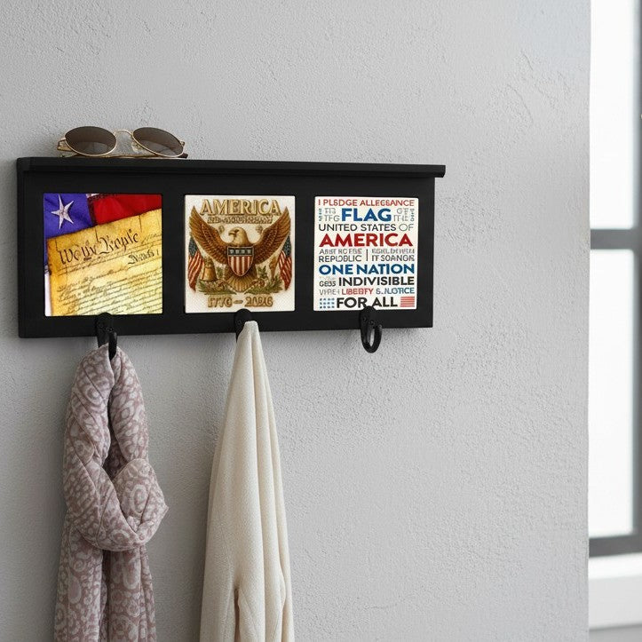 SUBLIMART: USA-250 Wood Coat Rack and Key Holder with three metal hooks