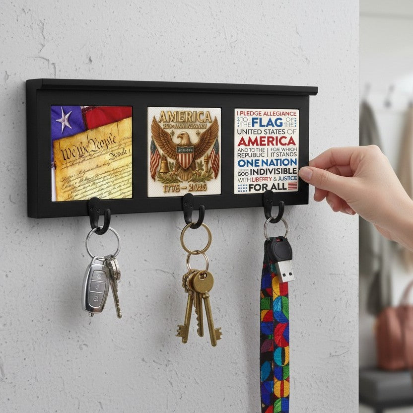 SUBLIMART: USA-250 Wood Coat Rack and Key Holder with three metal hooks