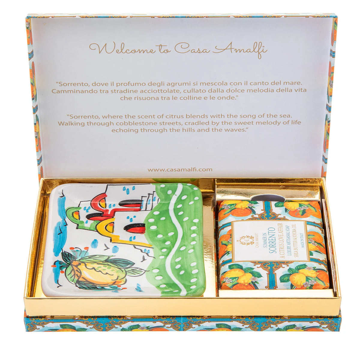 CASA AMALFI SOAPS: Scented Soap Bar with ceramic soap dish - Summer in Sorrento