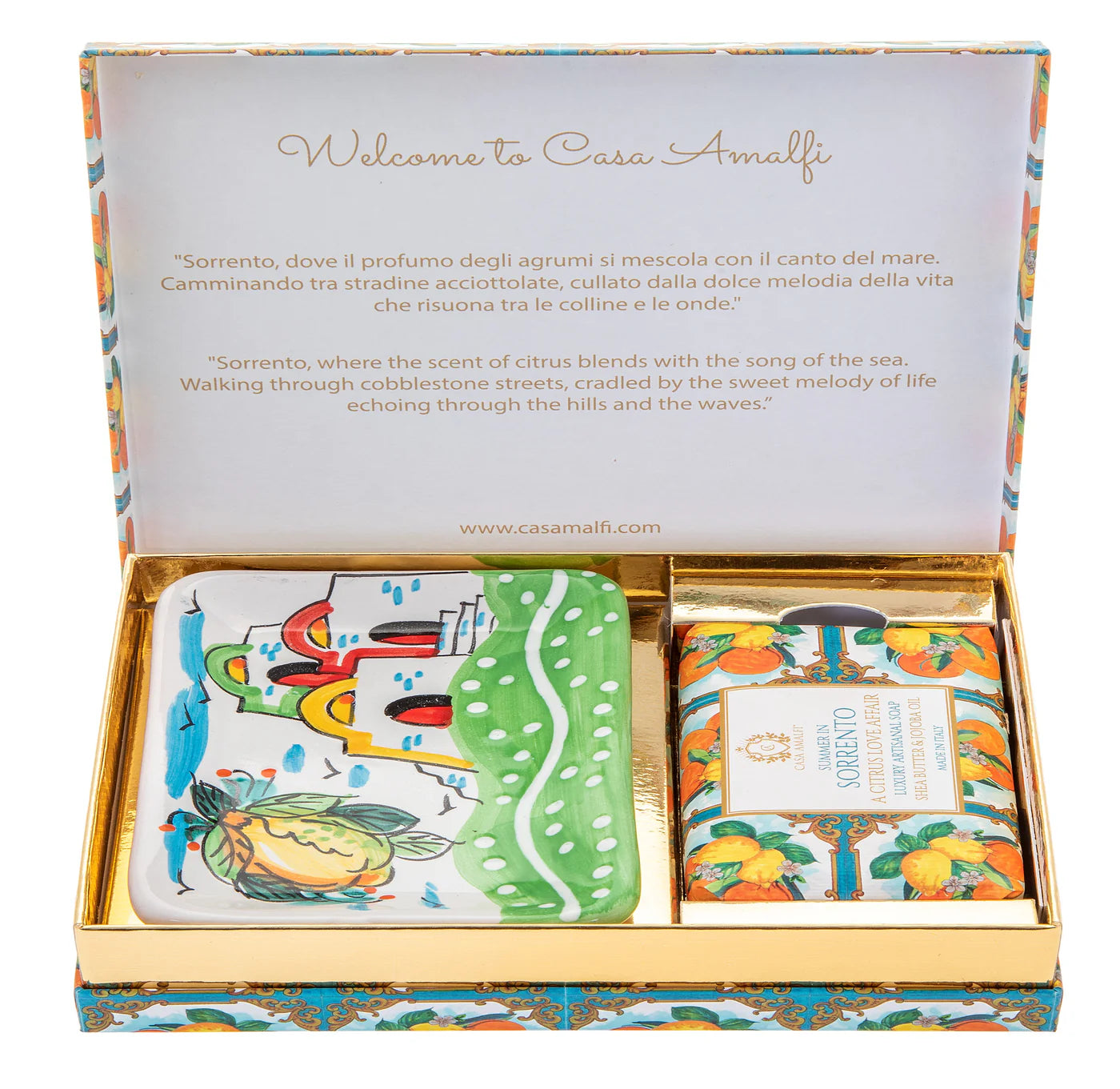 CASA AMALFI SOAPS: Scented Soap Bar with ceramic soap dish - Summer in Sorrento