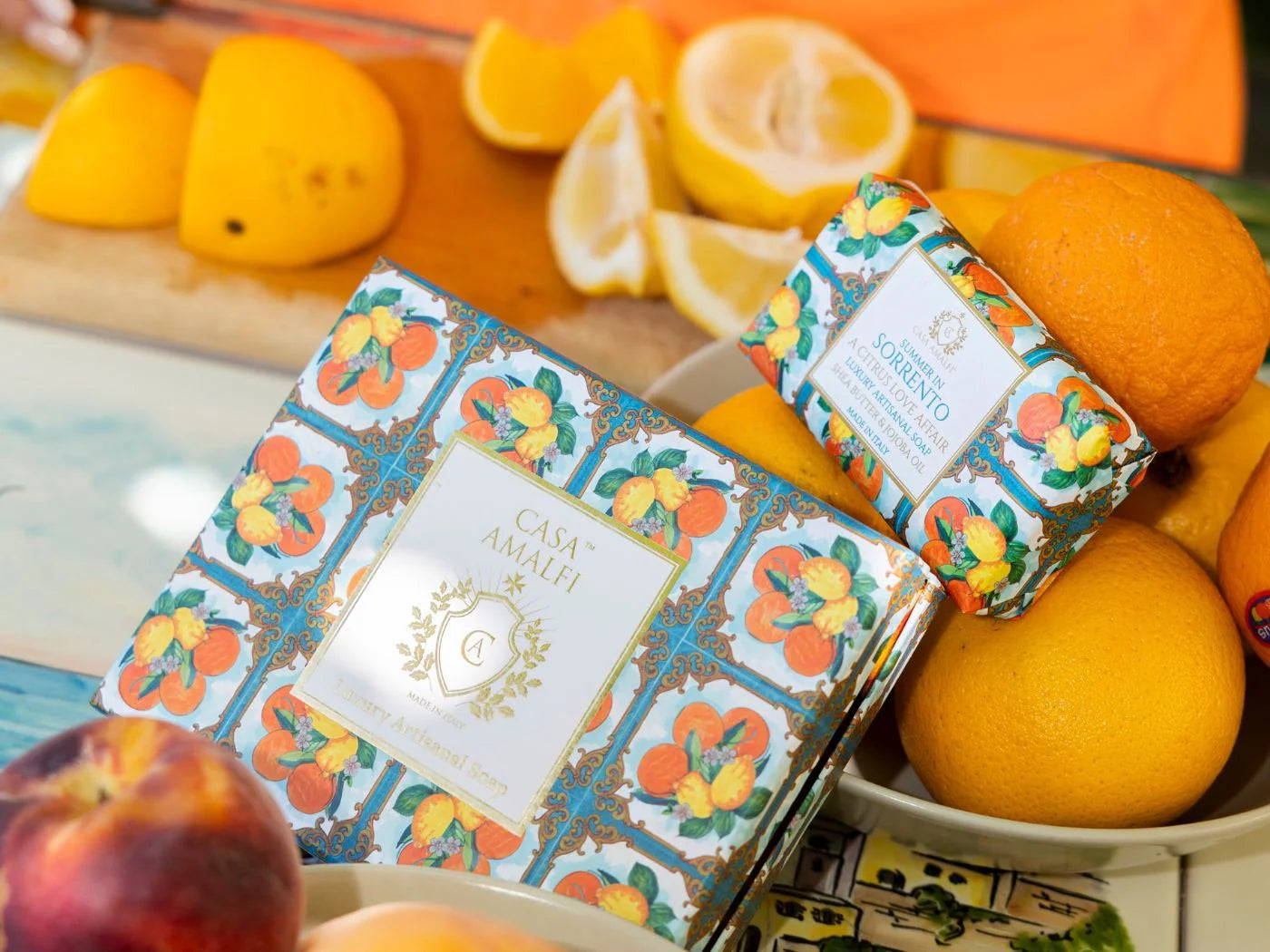 CASA AMALFI SOAPS: Scented Soap Bar with ceramic soap dish - Summer in Sorrento