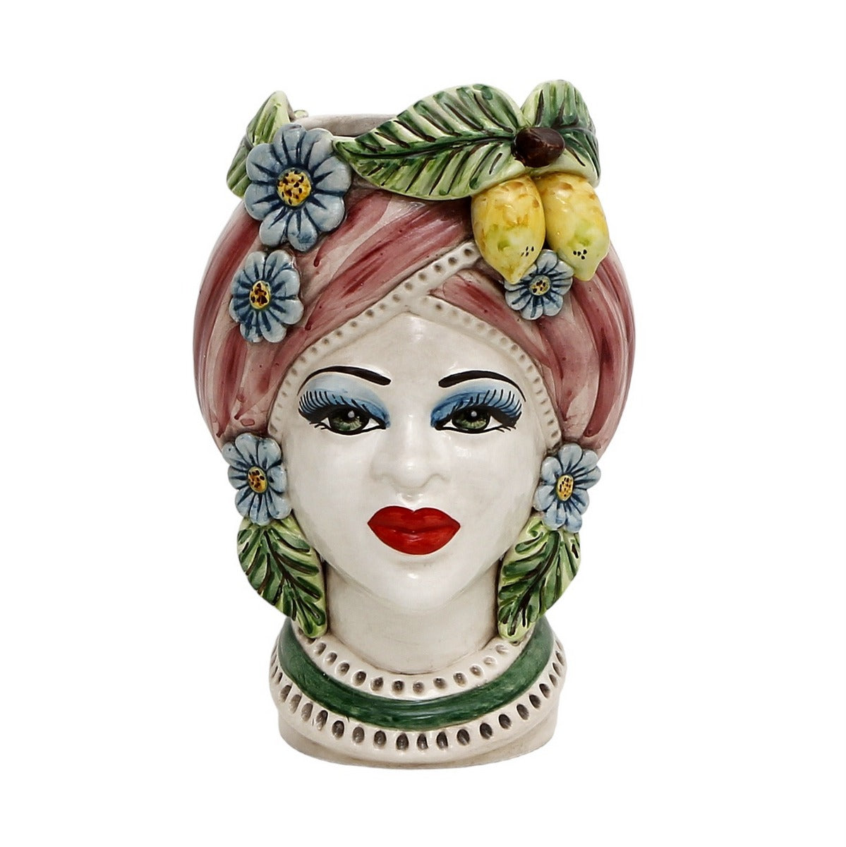 CALTAGIRONE: Sicilian Moorish Head Vase - Woman with Pink Turban + Lemons (Medium 11&quot; H.)