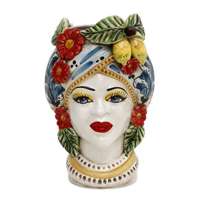 CALTAGIRONE: Sicilian Moorish Head Vase - Woman with Baroque Turban Flowers+Lemons (Medium 11" H.)