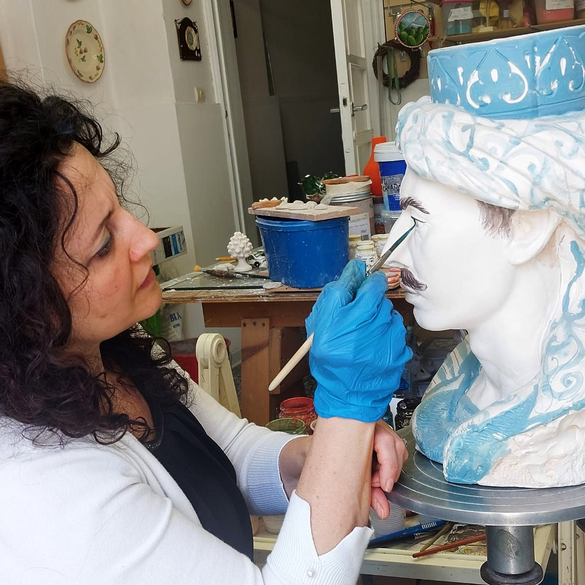 MICALE DI ARCIREALE: Deluxe Moorish Sicilian Head Vase - Woman Teal Tone Accents