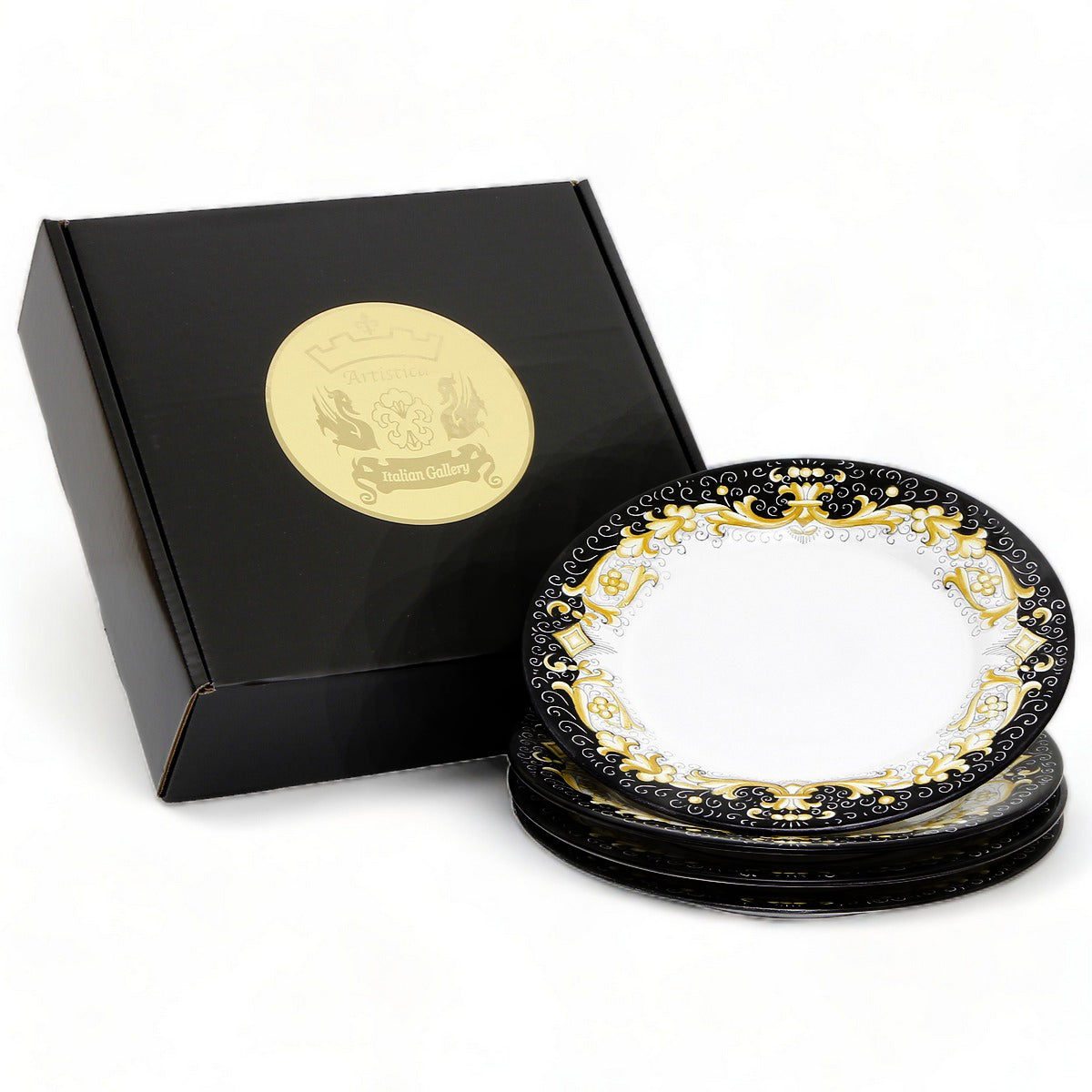 GIFT BOX: With Deruta Dinner Plate - DERUTA COLORI BLACK+GOLD design (4 Pcs)