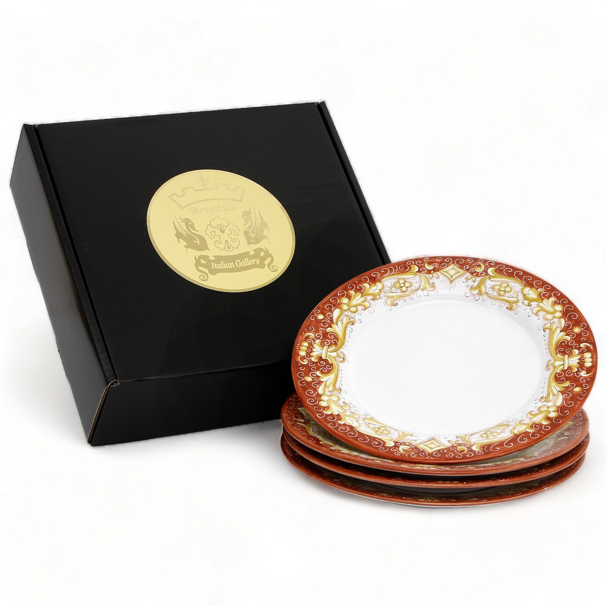 GIFT BOX: With Deruta Dinner Plate - DERUTA COLORI RED+GOLD design (4 Pcs)