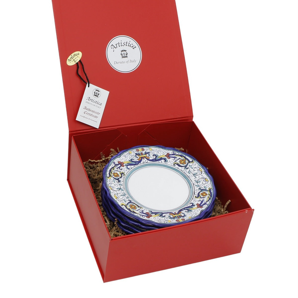 GIFT BOX: DeLuxe Glossy Red Gift Box with Vecchia Deruta Salad Plates (Set of 4 pcs)