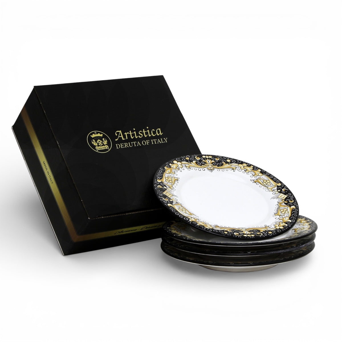 GIFT BOX: With DERUTA COLORI Salad Plate - BLACK/GOLD (Set of 4 Pcs) [R]