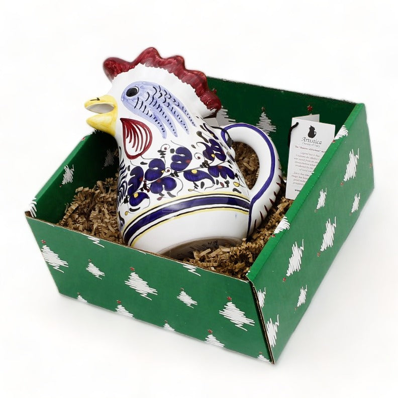 GIFT BOX CHRISTMAS: Green Gift Box with Deruta Orvieto Blue Rooster of Fortune Pitcher