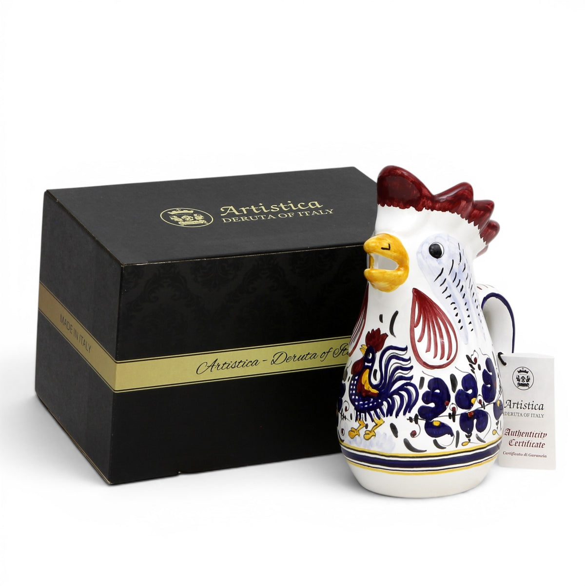 GIFT BOX: With authentic Deruta hand painted ceramic - Deruta BLUE Rooster Gallo Pitcher (1 Liter)