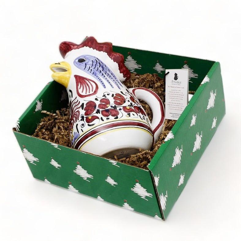 GIFT BOX CHRISTMAS: Green Gift Box with Deruta Orvieto Red Rooster of Fortune Pitcher