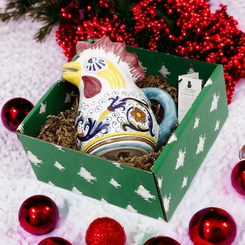 GIFT BOX CHRISTMAS: Green Gift Box with Ricco Deruta Rooster of Fortune Pitcher