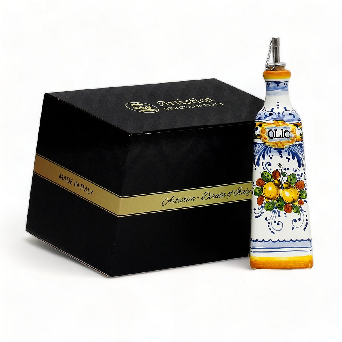 GIFT BOX: With authentic Deruta hand painted ceramic - LIMONCINI: SQUARE OLIVE OIL BOTTLE DISPENSER