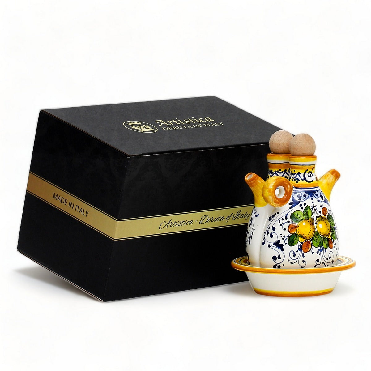 GIFT BOX: With authentic Deruta hand painted ceramic - LIMONCINI: &#39;THE BETTER HALF&#39; OIL AND VINEGAR SET WITH TRAY/SAUCER