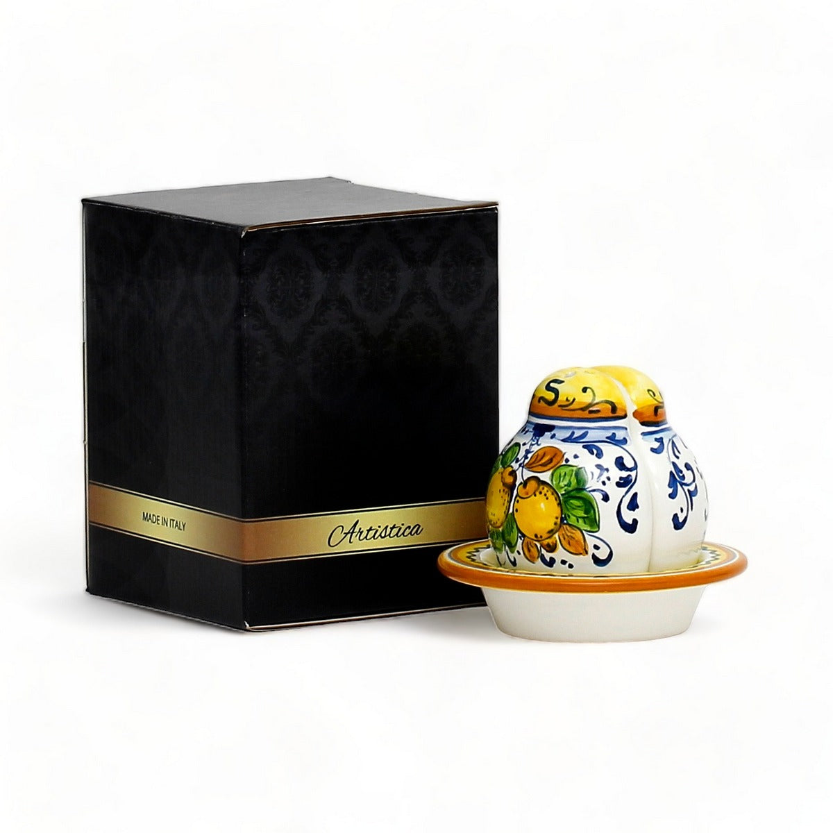GIFT BOX: With authentic Deruta hand painted ceramic - LIMONCINI: &#39;THE BETTER HALF&#39; SALT AND PEPPER SET WITH TRAY/SAUCER