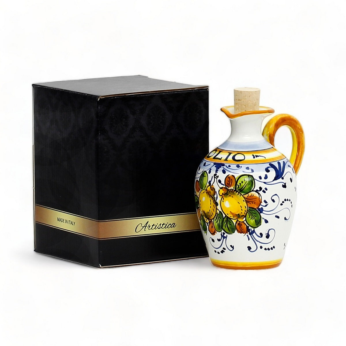 GIFT BOX: With authentic Deruta hand painted ceramic - LIMONCINI: SMALL OLIVE OIL BOTTLE DISPENSER WITH HANDLE