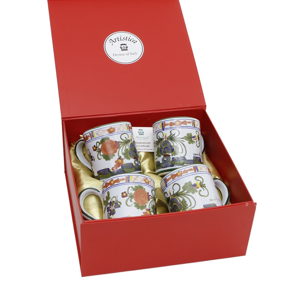 GIFT BOX: DeLuxe Glossy Red Gift Box with Faenza-Garofano Mugs 10 Oz. (Set of 4 pcs)