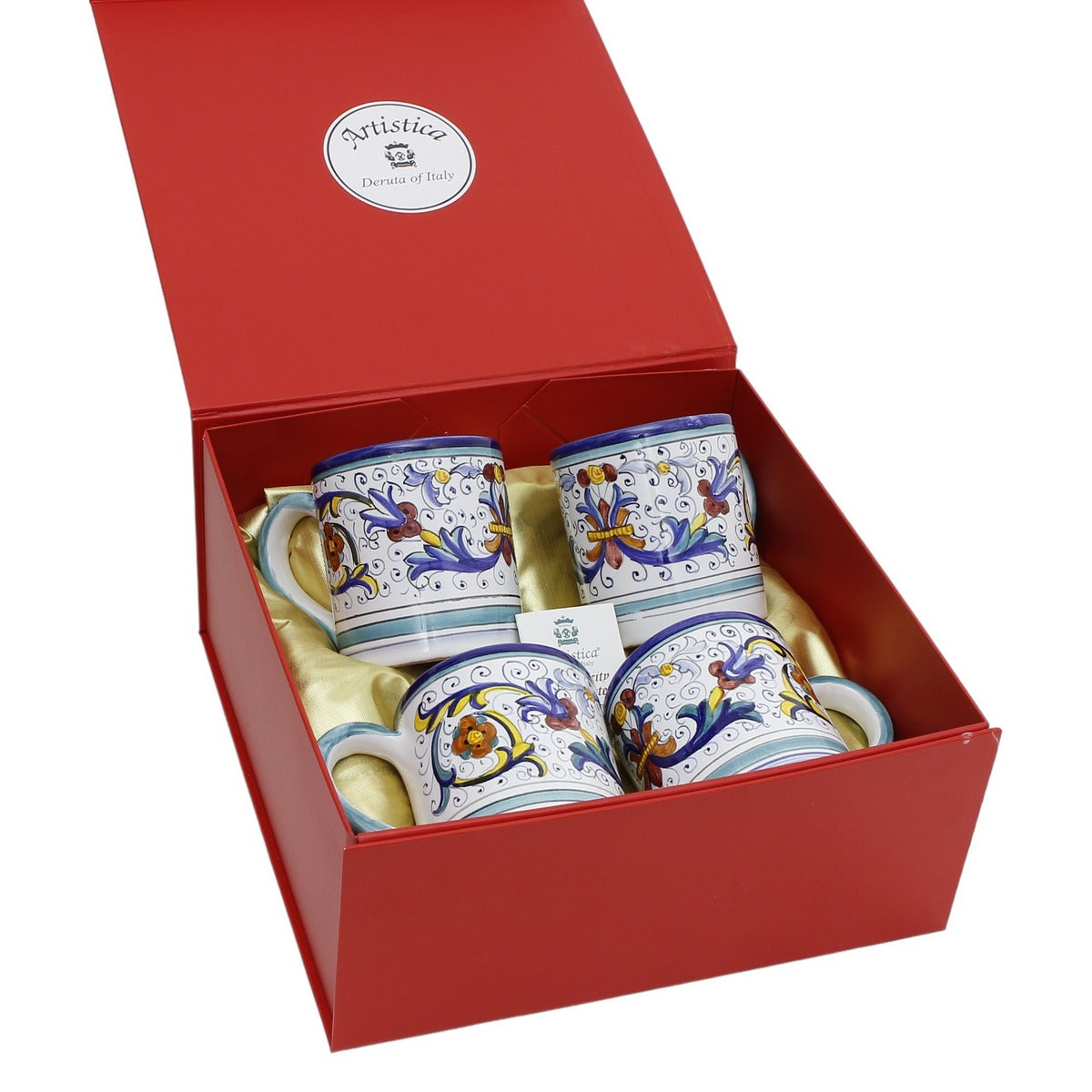 GIFT BOX: DeLuxe Glossy Red Gift Box with Vecchia Deruta Lite Mugs 10 Oz. (Set of 4 pcs)