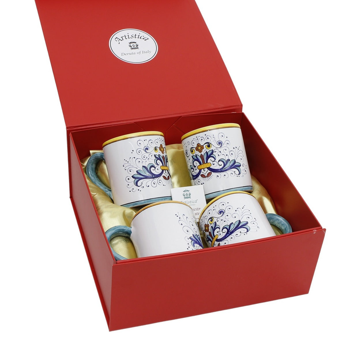 GIFT BOX: DeLuxe Glossy Red Gift Box with Ricco Deruta Lite Mugs 10 Oz. (Set of 4 pcs)