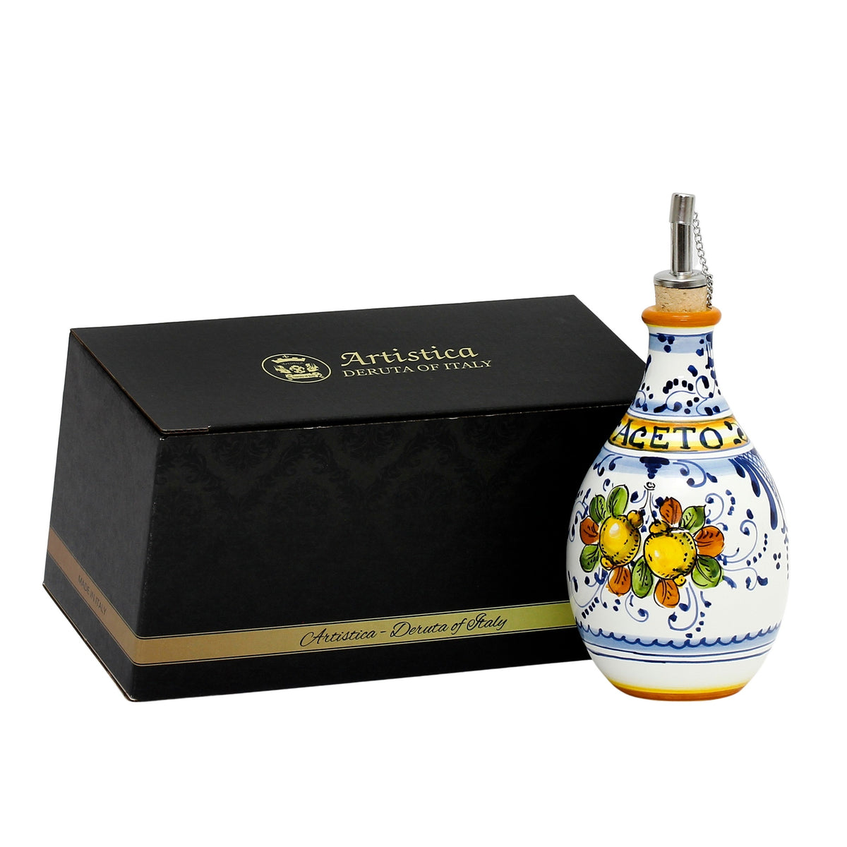 GIFT BOX: With authentic Deruta hand painted ceramic - &#39;ACETO&#39; (Vinegar) Bottle Dispenser Limoncini design