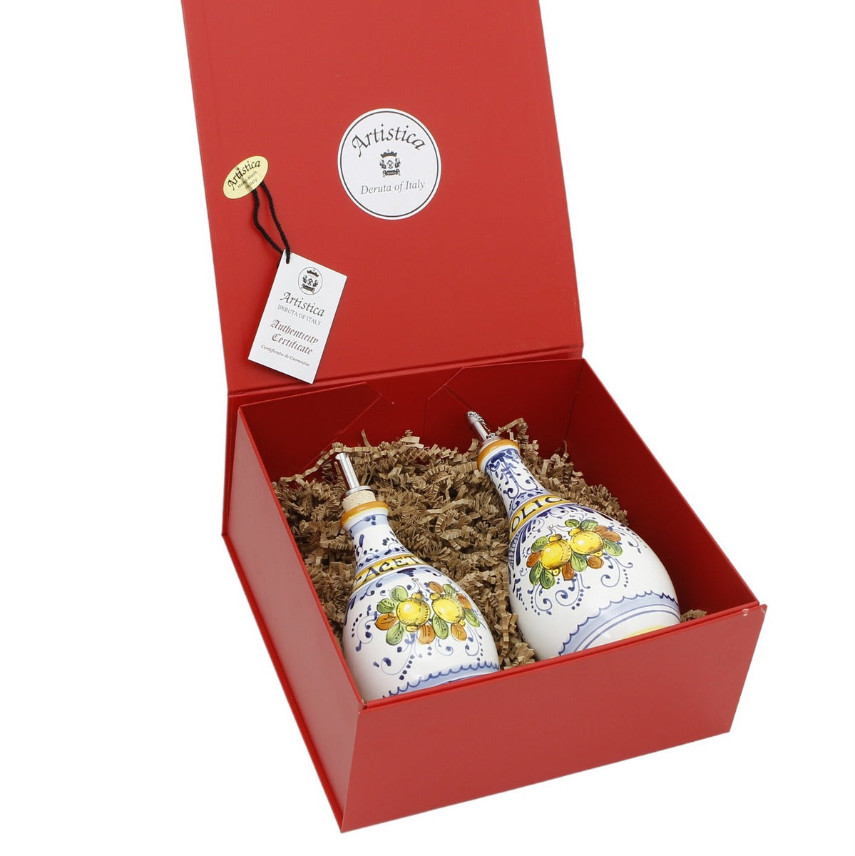 GIFT BOX: DeLuxe Glossy Red Gift Box with LIMONCINI: OLIVE OIL AND VINEGAR (ACETO) BOTTLES/DISPENSER SET (Set of 2 pcs)