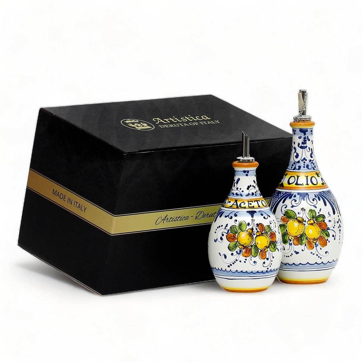 GIFT BOX: With authentic Deruta hand painted ceramic - LIMONCINI:  Olive Oil and Vinegar (Aceto) Bottles/Dispenser Set