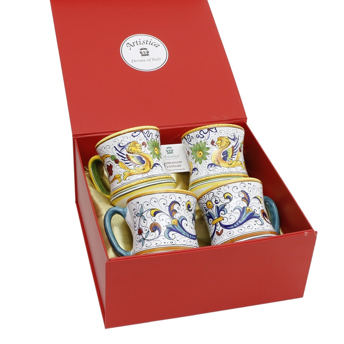 GIFT BOX: DeLuxe Glossy Red Gift Box with Ricco Deruta and Raffaellesco Concave Mugs 12 Oz. (Set of 4 pcs)