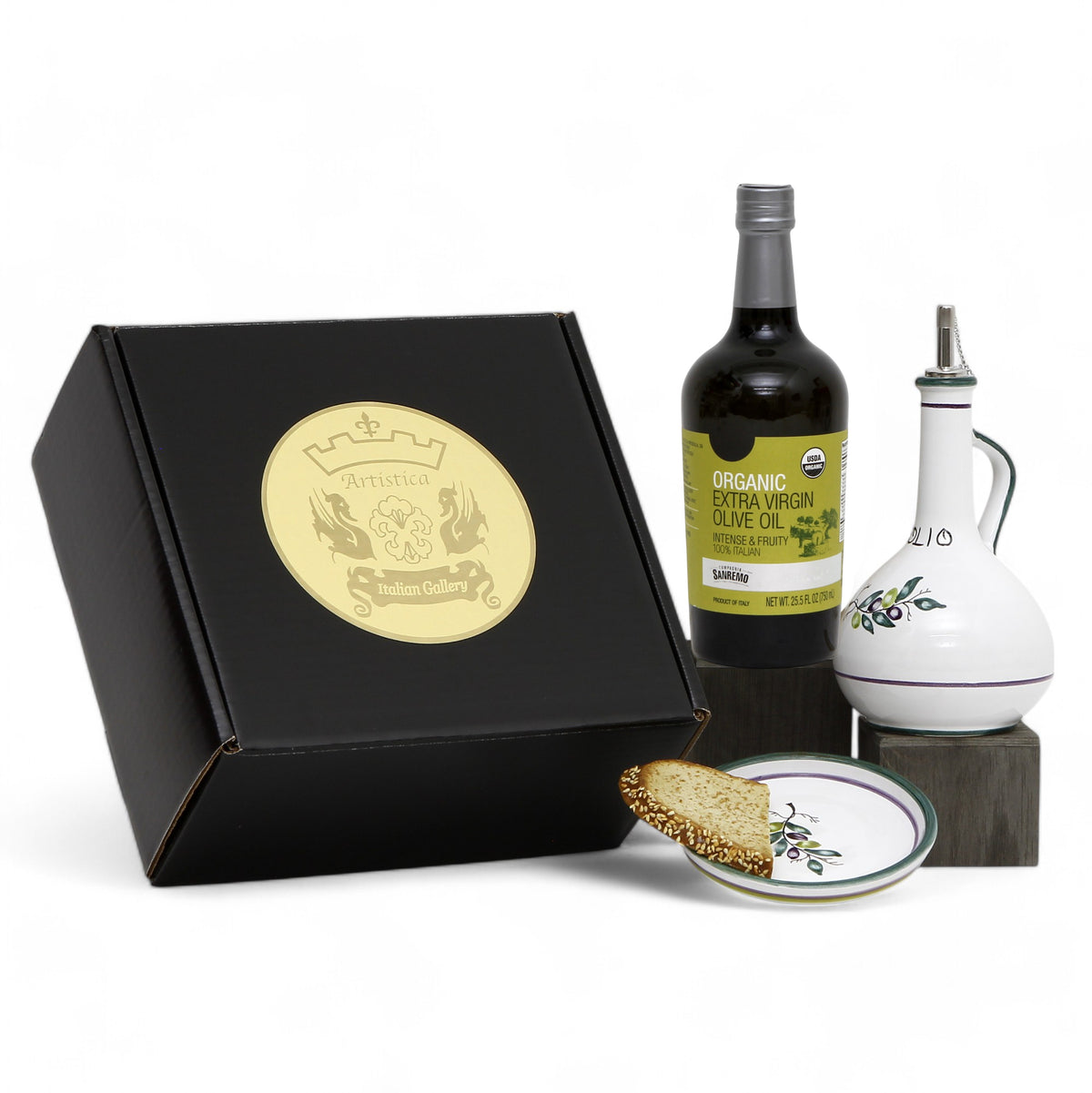 GIFT BOX: With Deruta Olive Oil Dispenser + Saucer/Dipping Bowl + EVOO bottle - OLIVE design