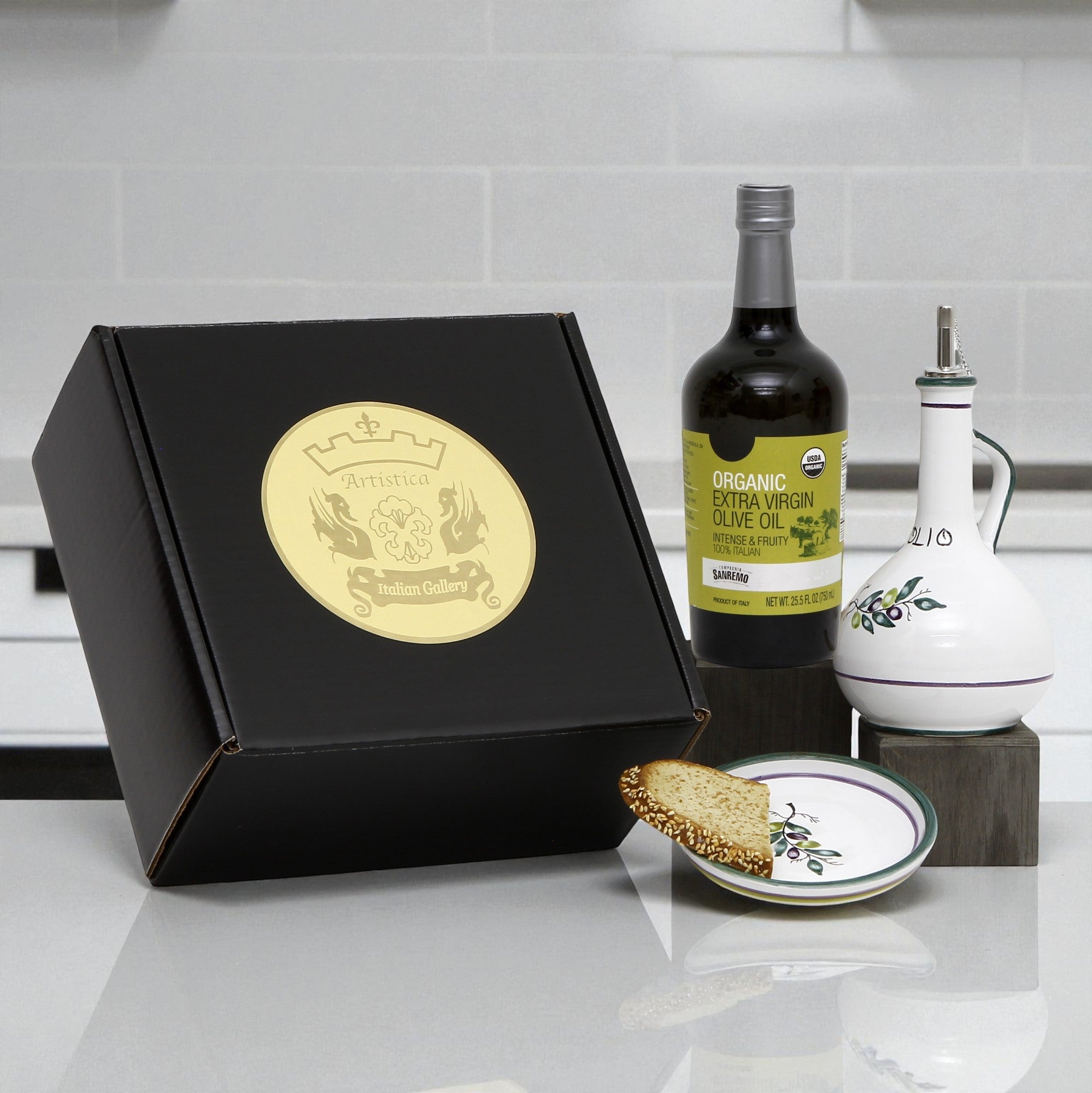 GIFT BOX: With Deruta Olive Oil Dispenser + Saucer/Dipping Bowl + EVOO bottle - OLIVE design