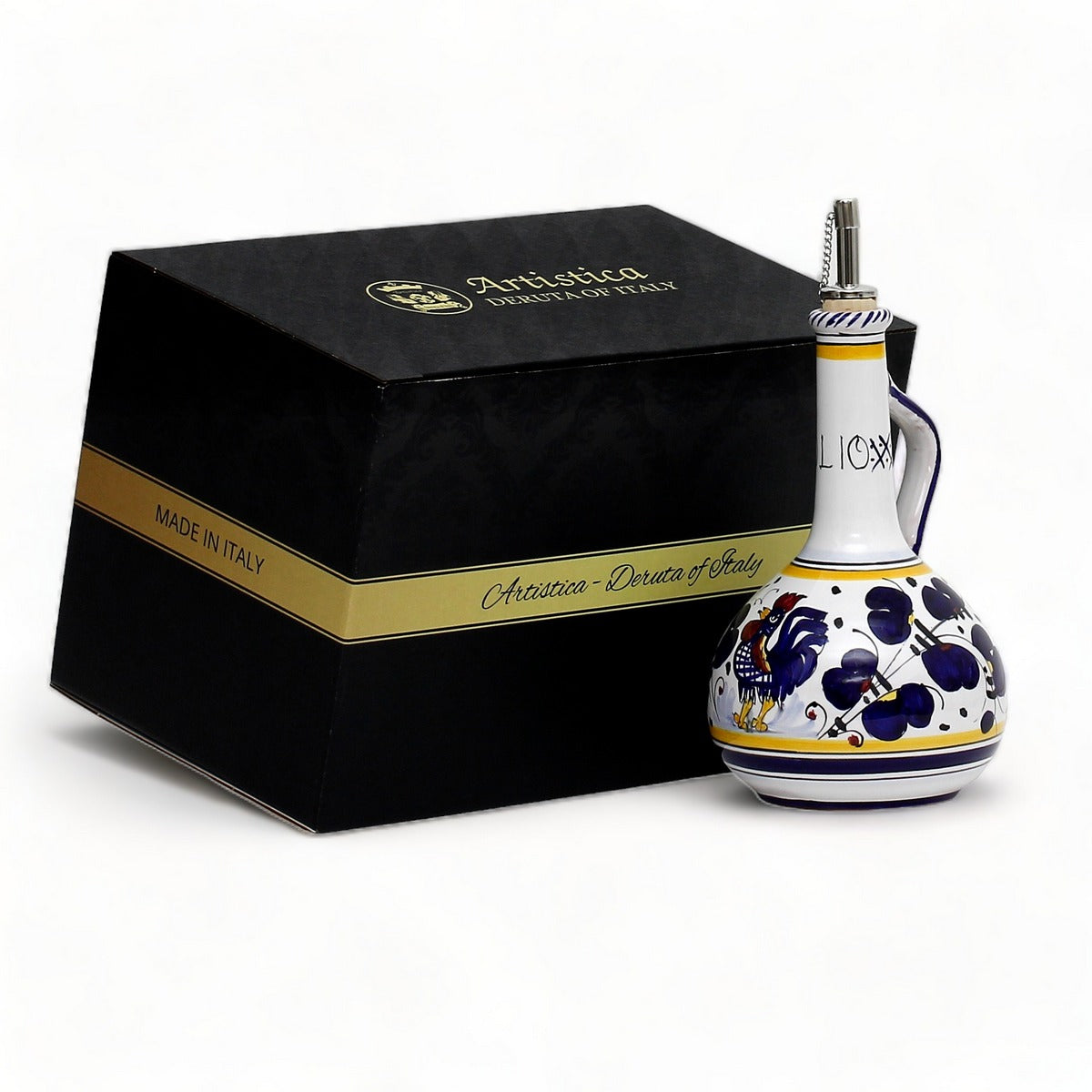 GIFT BOX: With authentic Deruta hand painted ceramic - Olive Oil Dispenser Blue Rooster Design