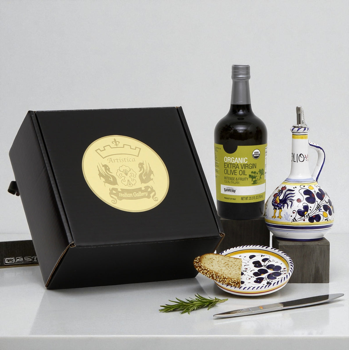 GIFT BOX: With Deruta Olive Oil Dispenser + Saucer/Dipping Bowl + EVOO bottle - BLUE ROOSTER design