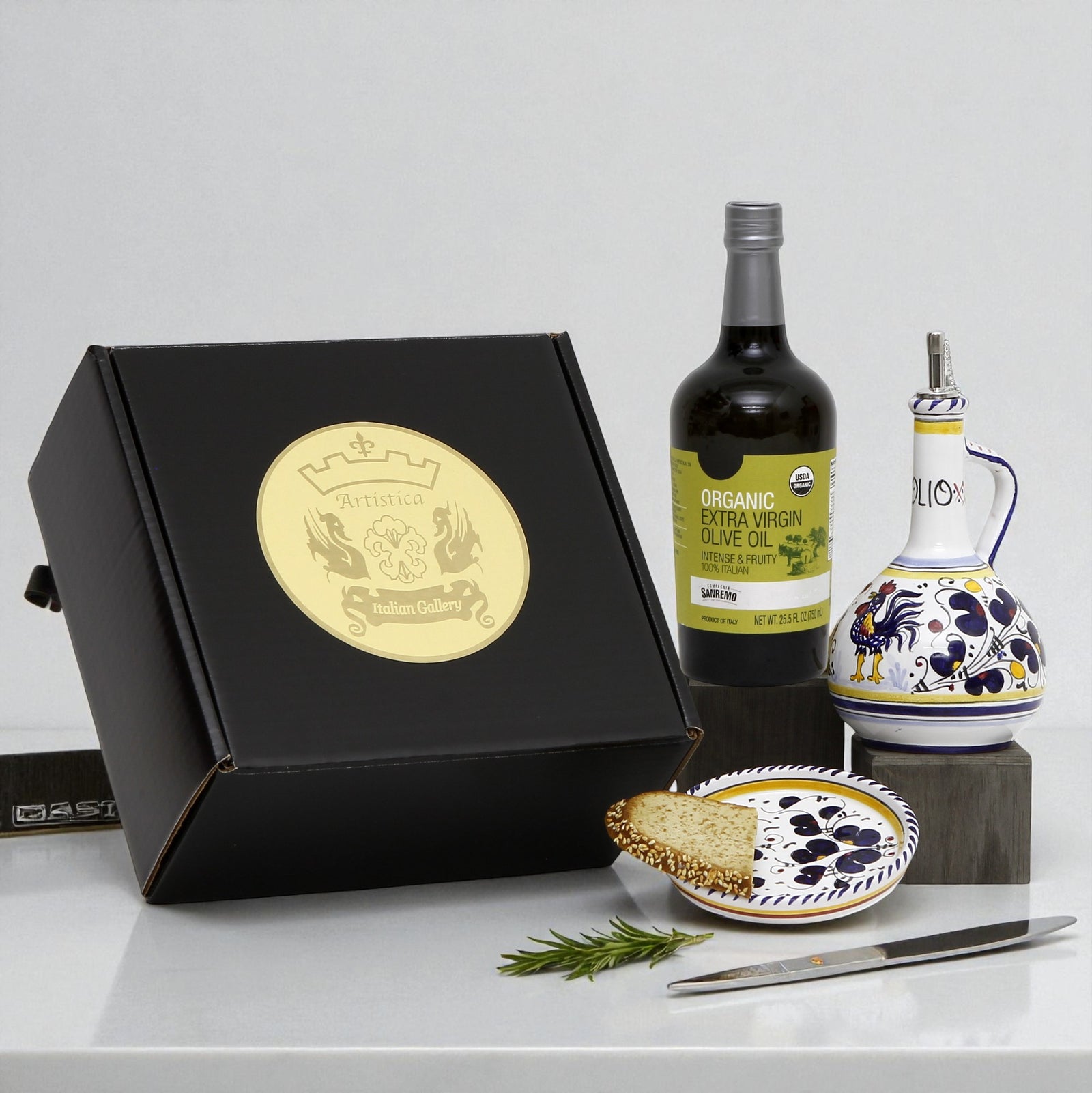 GIFT BOX: With Deruta Olive Oil Dispenser + Saucer/Dipping Bowl + EVOO bottle - BLUE ROOSTER design