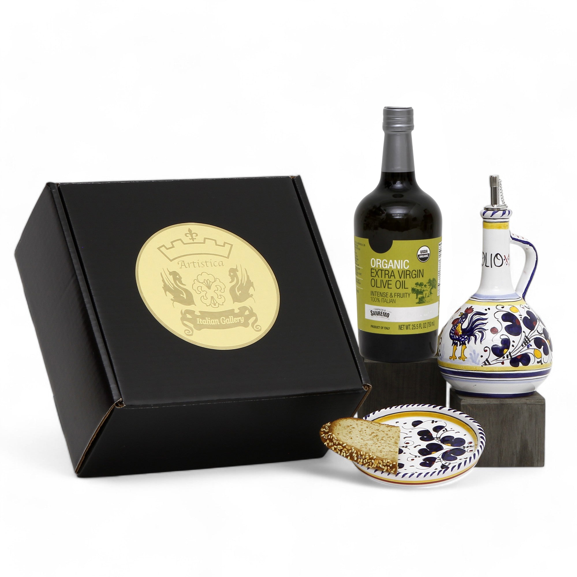 GIFT BOX: With Deruta Olive Oil Dispenser + Saucer/Dipping Bowl + EVOO bottle - BLUE ROOSTER design