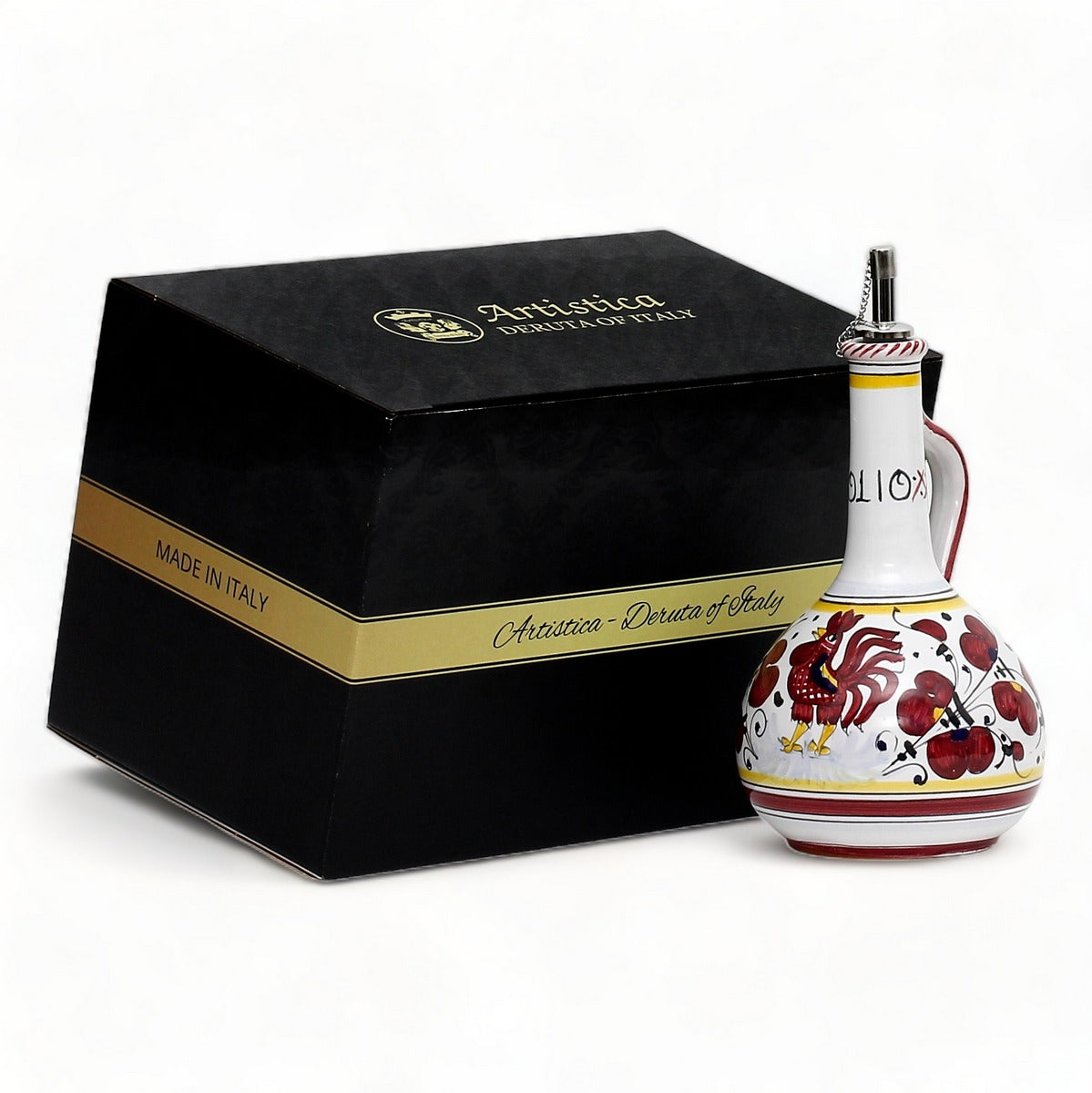GIFT BOX: With authentic Deruta hand painted ceramic - Deruta Olive Oil Dispenser in Red Rooster Design