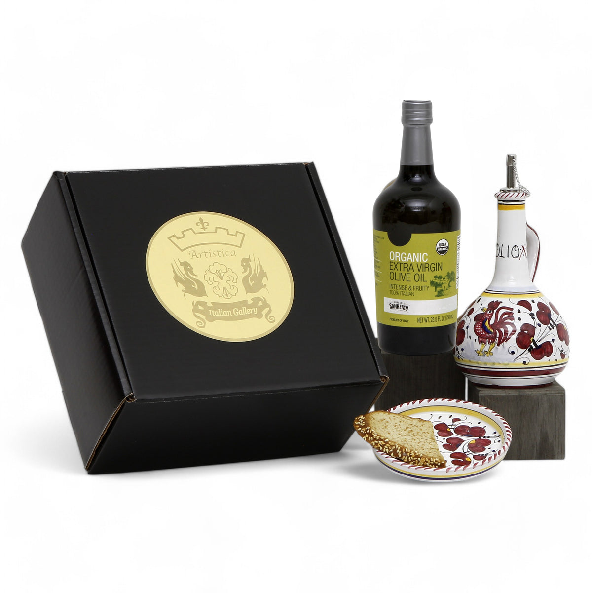 GIFT BOX: With Deruta Olive Oil Dispenser + Saucer/Dipping Bowl + EVOO bottle - RED ROOSTER design