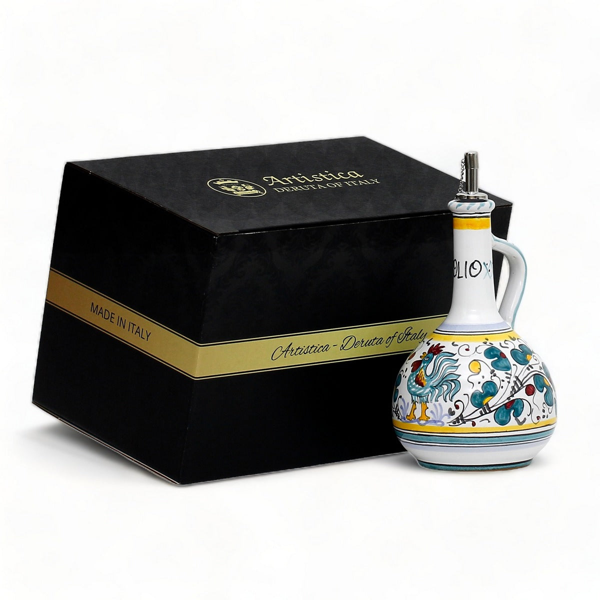 GIFT BOX: With authentic Deruta hand painted ceramic - Olive Oil Dispenser Green Rooster Design
