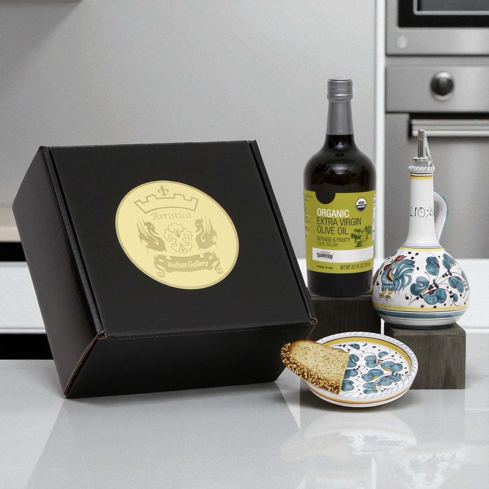 GIFT BOX: With Deruta Olive Oil Dispenser + Saucer/Dipping Bowl + EVOO bottle - GREEN ROOSTER design