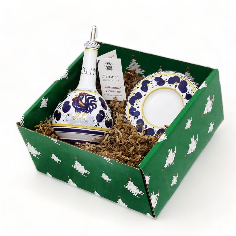 GIFT BOX CHRISTMAS: Green Gift Box with Olive Oil Dispenser Deruta Orvieto Blue and Dipping Tray Set