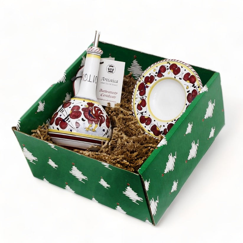 GIFT BOX CHRISTMAS: Green Gift Box with Olive Oil Dispenser Deruta Orvieto Red and Dipping Tray Set