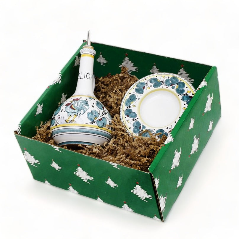 GIFT BOX CHRISTMAS: Green Gift Box with Olive Oil Dispenser Deruta Orvieto Green and Dipping Tray Set