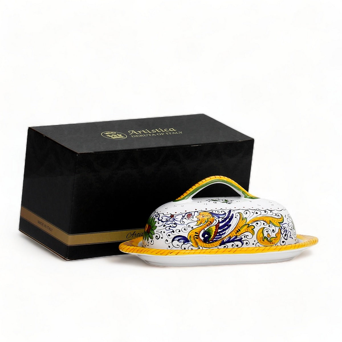 GIFT BOX: With authentic Deruta hand painted ceramic - Butter Dish with cover Raffaellesco Design