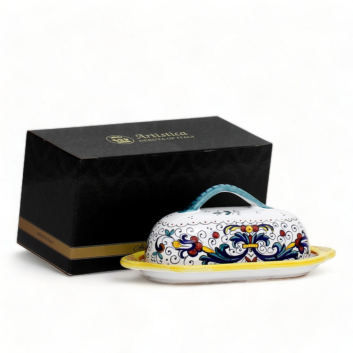 GIFT BOX: With authentic Deruta hand painted ceramic - Butter Dish with cover Ricco Deruta Design